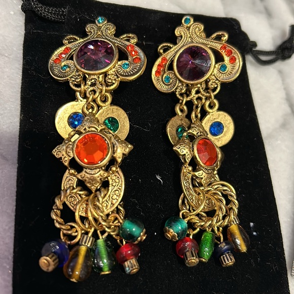 Vintage Designer Antiqued Gold with Jewel Tone Crystals Earrings-Boutique - Picture 5 of 8